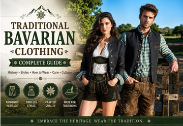 Traditional Bavarian Clothing Complete Guide banner featuring a man in lederhosen and a woman in traditional Bavarian attire with Trachten jackets, showcasing authentic German Oktoberfest clothing and Alpine heritage.