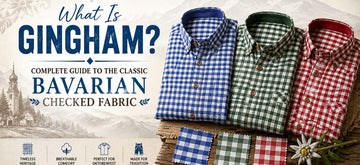 What Is Gingham? Complete guide banner featuring blue, green, and red Bavarian gingham shirts on a rustic wooden table with Alpine mountain background, explaining the classic Bavarian checked fabric for Oktoberfest clothing.
