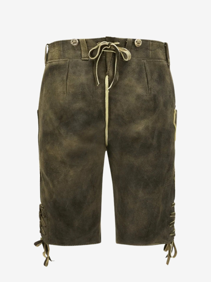 Back view of dark olive-brown leather lederhosen with lace-up waistband, belt loops, and side leg lacing details.