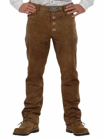 Authentic Alpine Trachten pants for men featuring button fly and brown suede leather