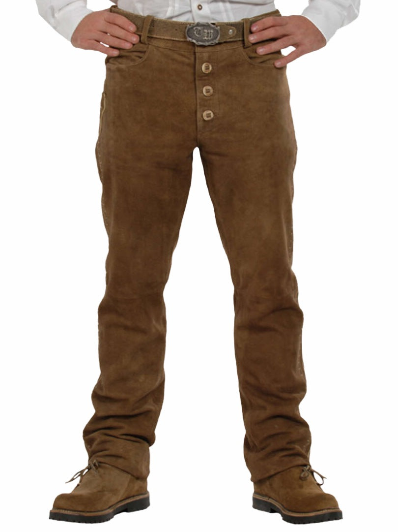 Authentic Alpine Trachten pants for men featuring button fly and brown suede leather