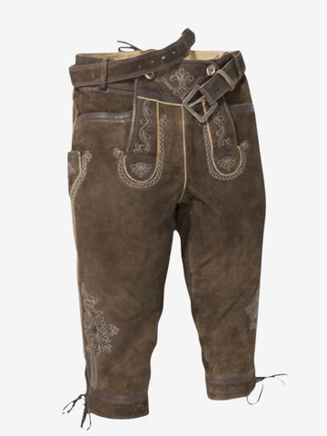 Brown leather bundhosen with a belt, featuring traditional embroidery on the front panel and thigh areas.