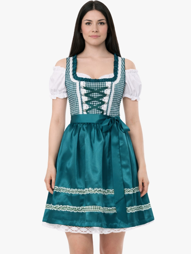 Front view of women's green Bavarian dirndl dress with white off-shoulder blouse, gingham bodice, and satin apron.