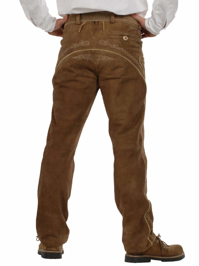Alpine Trachten pants for men USA in brown suede leather with traditional back embroidery