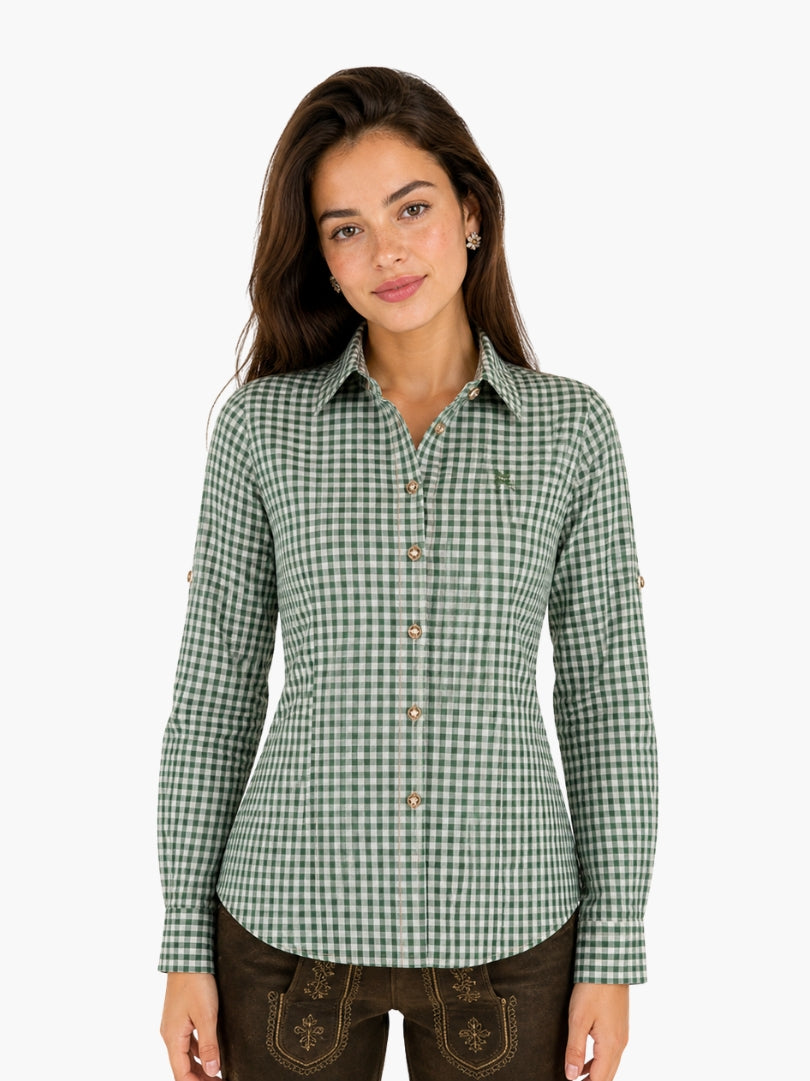 Women’s authentic Bavarian check shirt in green gingham with button front and fitted silhouette, styled with traditional lederhosen.