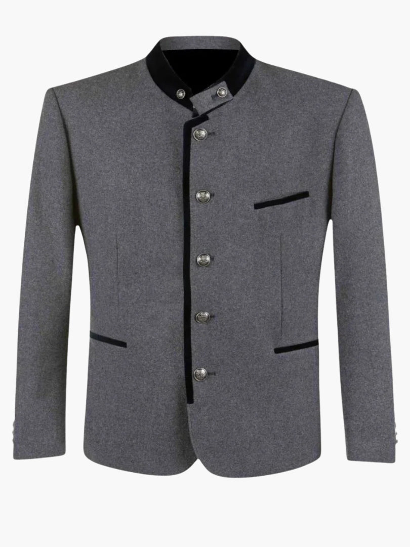 Men’s grey Trachten jacket with black collar and piping, styled with lederhosen for a classic Oktoberfest look.