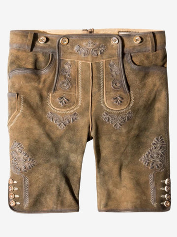 Light brown Bavarian lederhosen shorts displayed flat, showing intricate embroidery, front flap, and decorative side buttons.