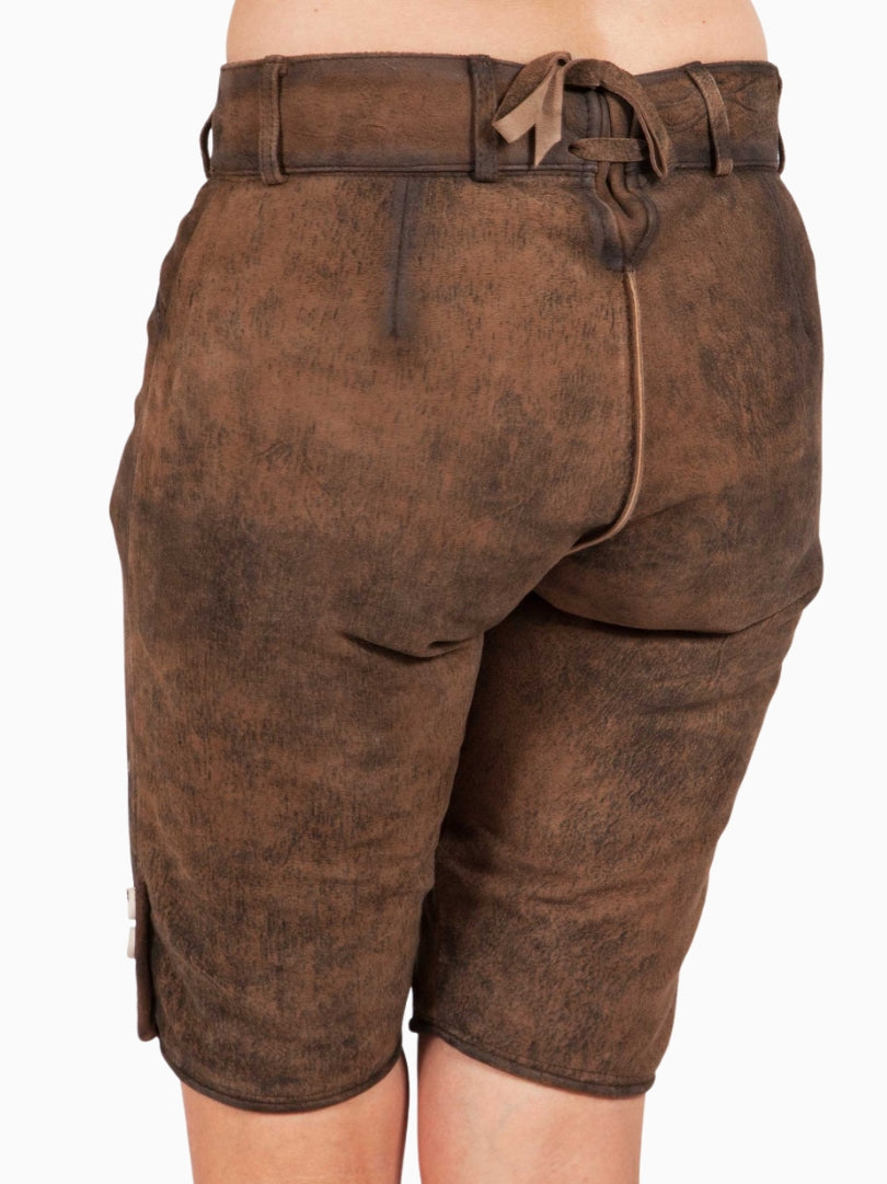 Back view of rustic brown traditional lederhosen-style shorts with a distressed leather texture, adjustable back lace detail, and belt loops.