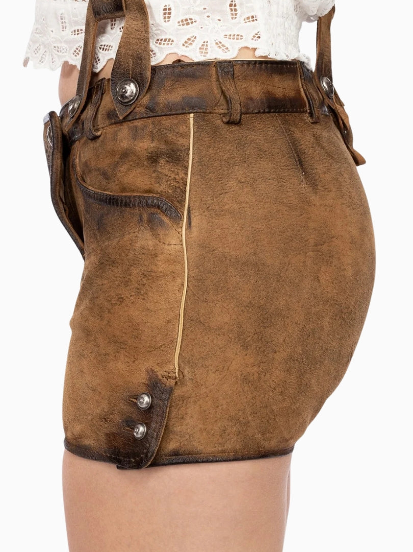 Brown leather shorts with suspenders on a white background