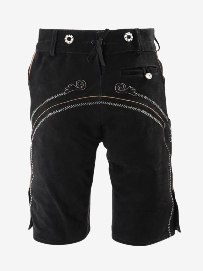 Black leather lederhosen shorts with white embroidered stitching on the back, featuring decorative seams, side pocket, and adjustable waist tie.