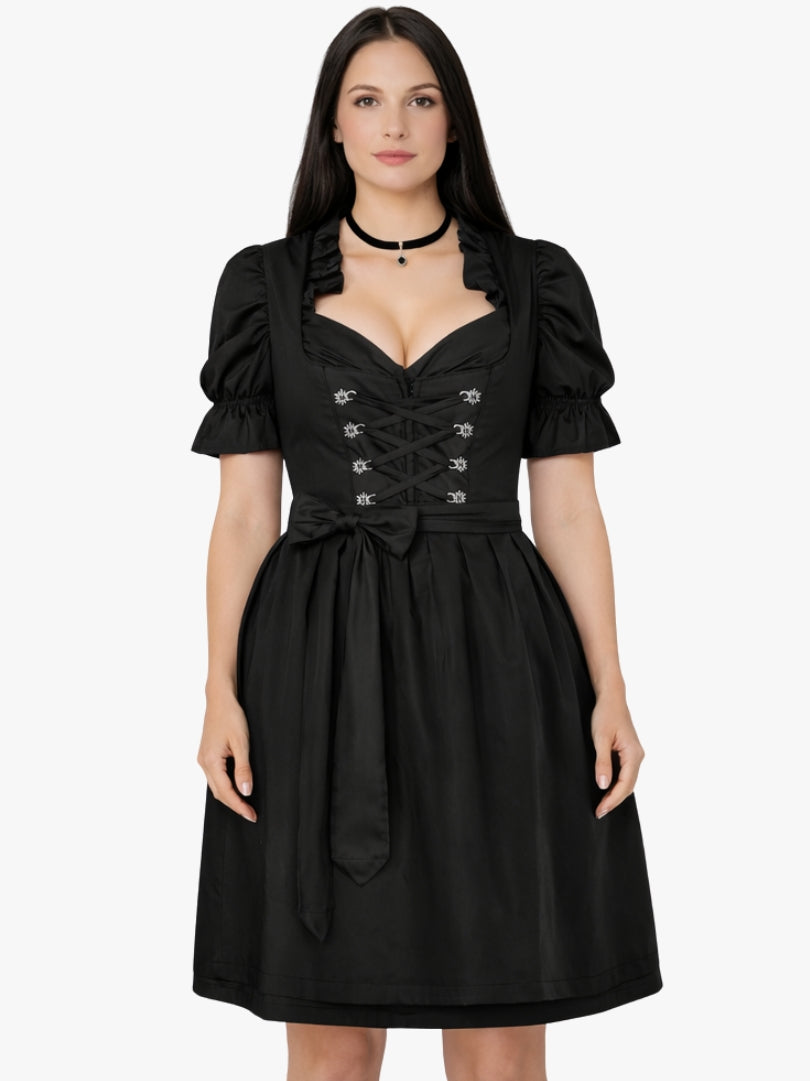 Front view of women's black Bavarian dirndl dress with lace-up bodice, puff sleeves, and traditional Oktoberfest style.