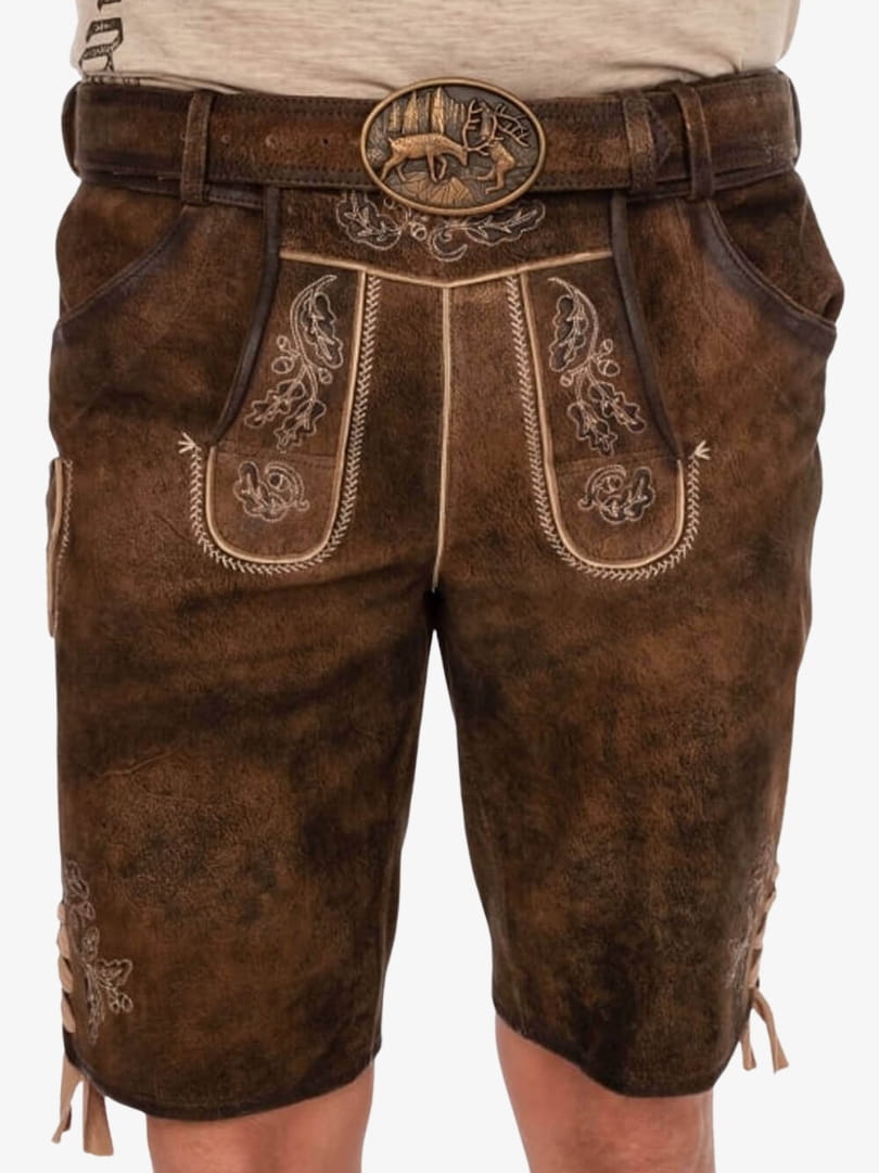 Traditional Brown Plus Size Lederhosen for Men with Embroidered Bavarian Details and Deer Buckle Belt