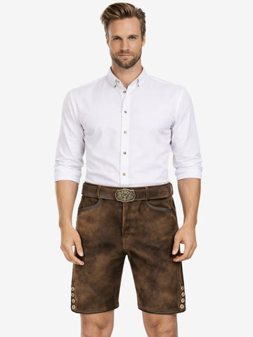 Man wearing plain brown suede lederhosen shorts with a white button-up shirt and a traditional belt featuring a deer motif buckle.