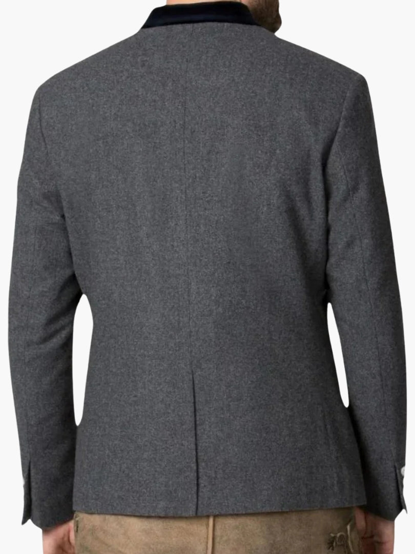 Back view of grey Bavarian Trachten jacket with black velvet collar and clean tailored fit for traditional Oktoberfest wear.