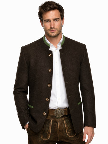 Authentic Mens Bavarian Trachten Jacket in Dark Brown with Green Details and Lederhosen Outfit