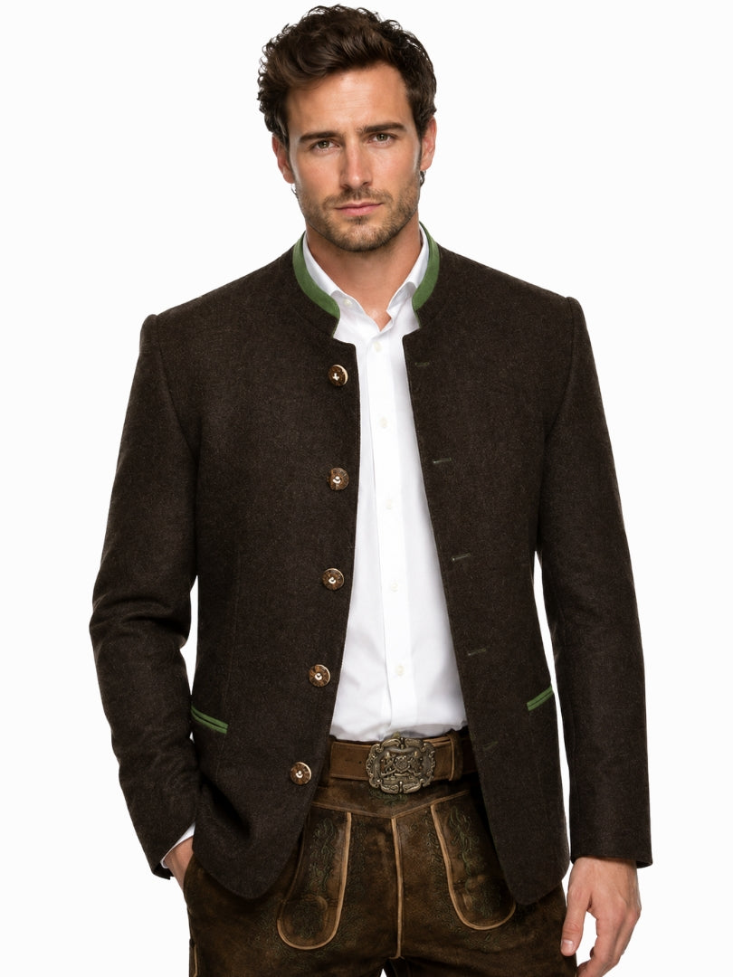 Authentic Mens Bavarian Trachten Jacket in Dark Brown with Green Details and Lederhosen Outfit