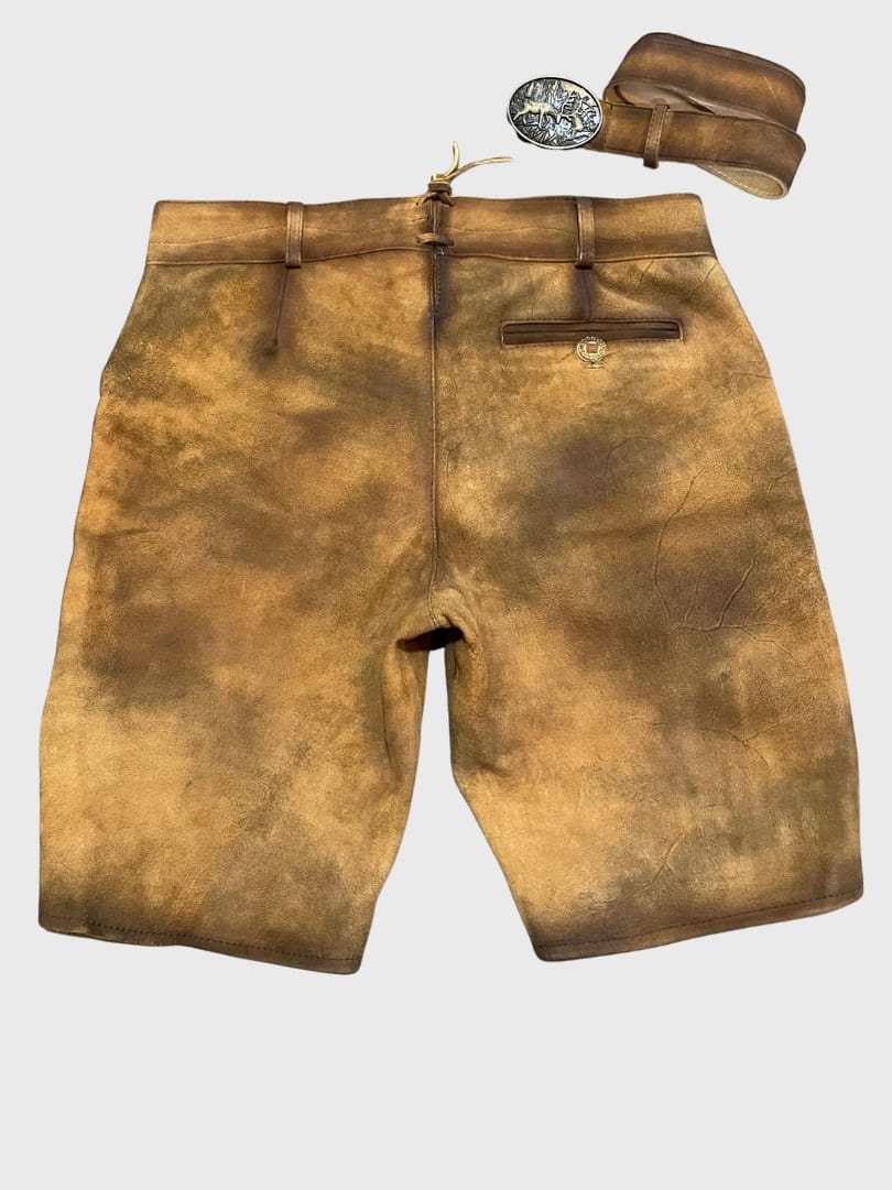 Back view of Men's Rustic Brown Premium Lederhosen Short in genuine suede leather with classic rear pockets