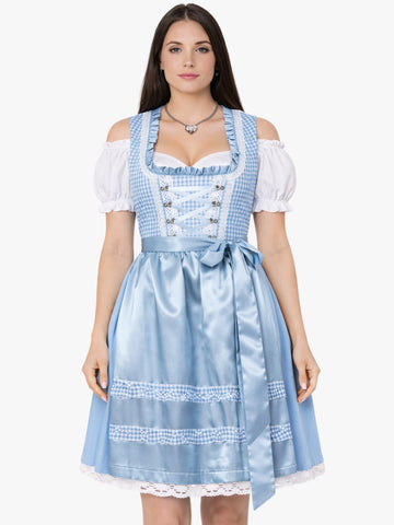 Front view of women's light blue Bavarian dirndl dress with white off-shoulder blouse, lace-up bodice, and satin apron.