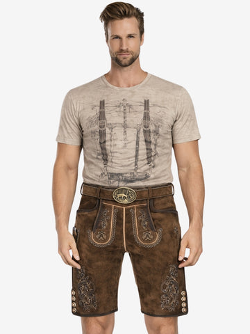 Man wearing dark brown lederhosen with embroidered details, paired with a beige printed t-shirt and a traditional belt.