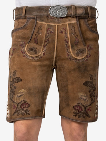 Brown suede lederhosen shorts with multicolor embroidery, featuring floral and deer motifs, decorative front panel, and a traditional belt with engraved buckle.