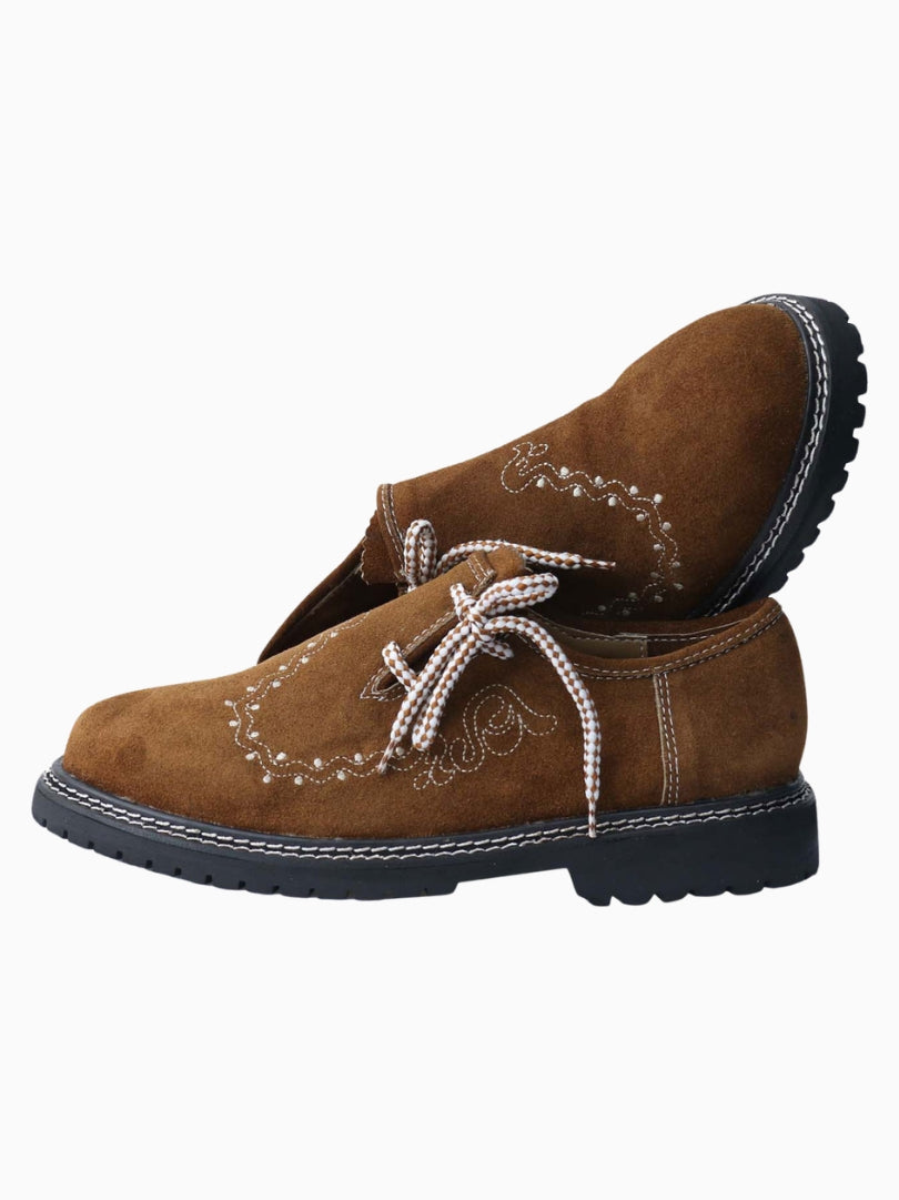 Brown suede Bavarian Trachten shoes with traditional embroidery and lace-up design, black rugged sole.