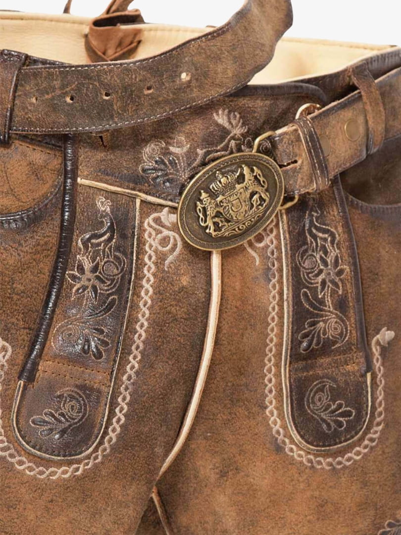 Premium Brown Plus Size Lederhosen for Men with Traditional Bavarian Embroidery and Vintage Belt Buckle
