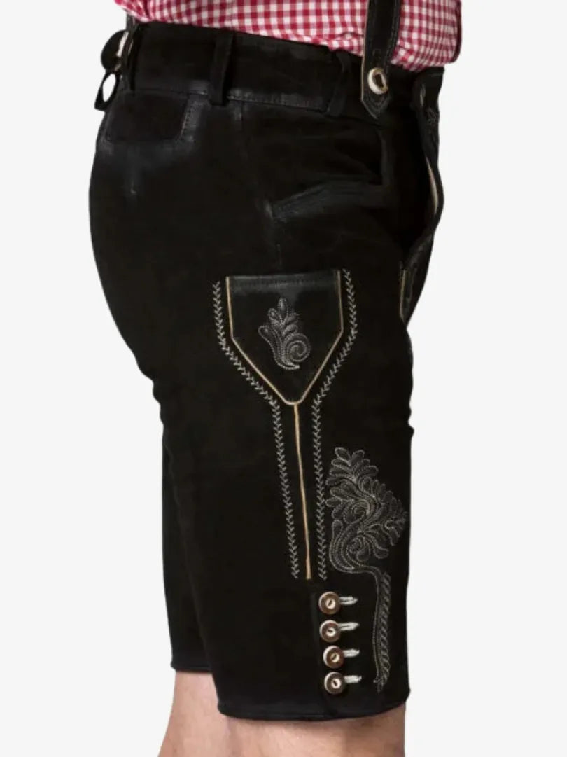 Side View of Authentic Plus Size Black Lederhosen for Men with Silver Embroidery and Side Buttons