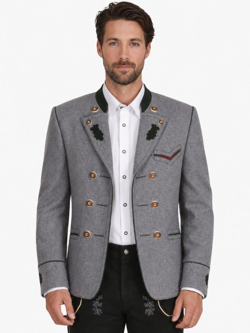 Grey double-breasted Bavarian Trachten jacket for men with green collar, decorative buttons, and traditional Oktoberfest styling paired with lederhosen.