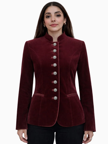 Front view of women's wine red velvet Bavarian Trachten jacket with stand collar, decorative metal buttons, and tailored fit silhouette.