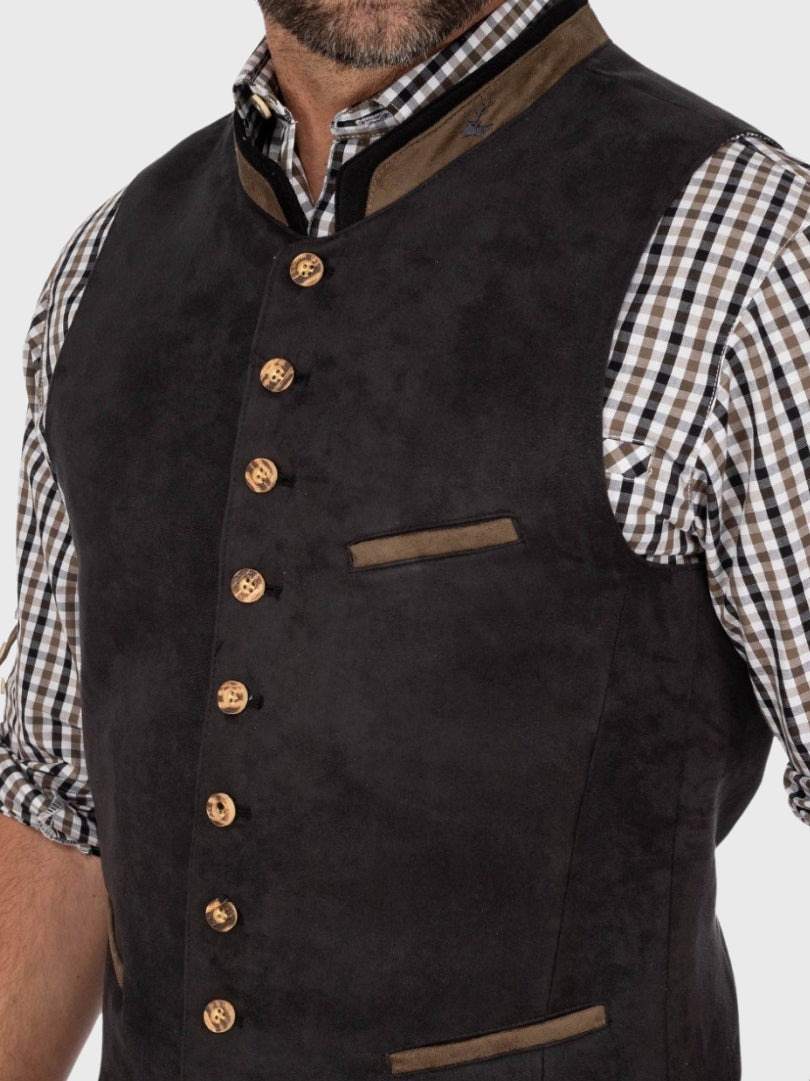 Black Suede German Trachten Vest with Brown