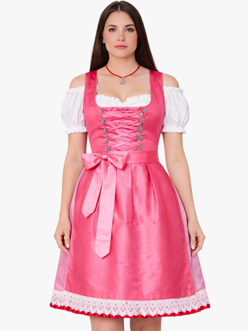 Front view of women's pink Bavarian dirndl dress with white off-shoulder blouse, lace-up bodice, and satin apron.
