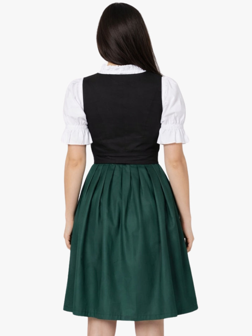 Front view of women's black and green Bavarian dirndl dress with white blouse, lace-up bodice, and black apron for Oktoberfest.