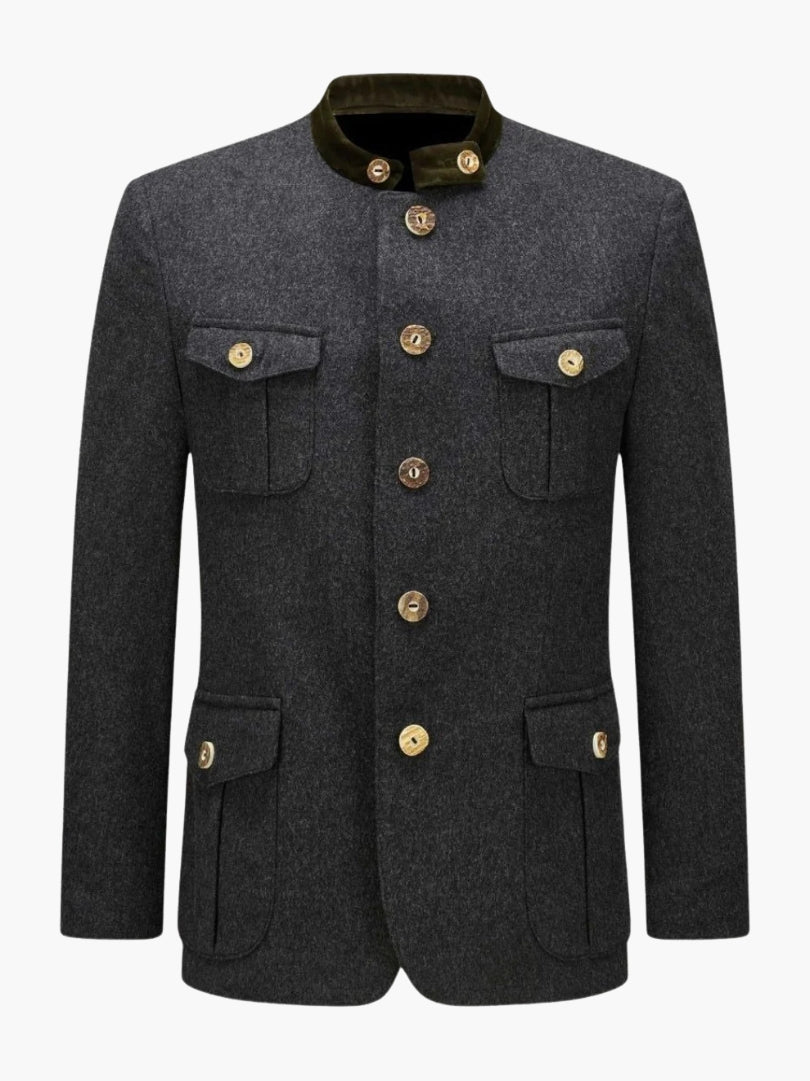 Dark grey men’s Trachten jacket with green velvet collar, wooden buttons, and utility pockets in classic Bavarian design.