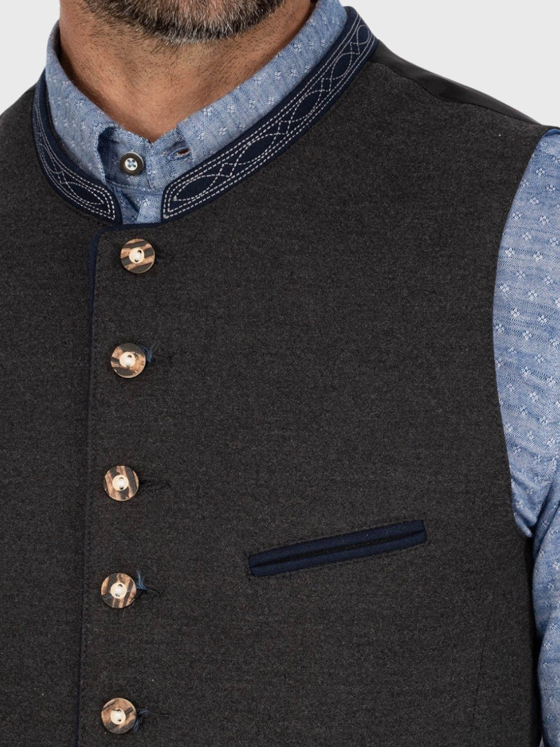 Grey Wool Bavarian Vest with Navy Collar