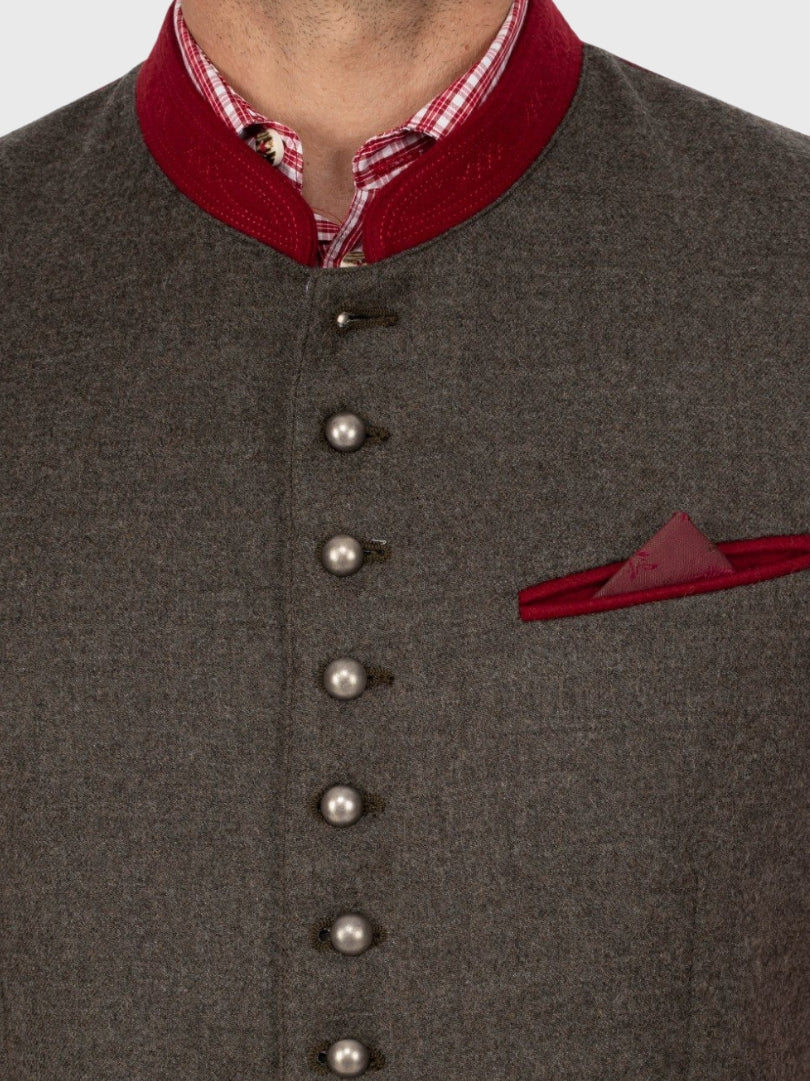 Brown Wool Bavarian Vest with Red Velvet Collar