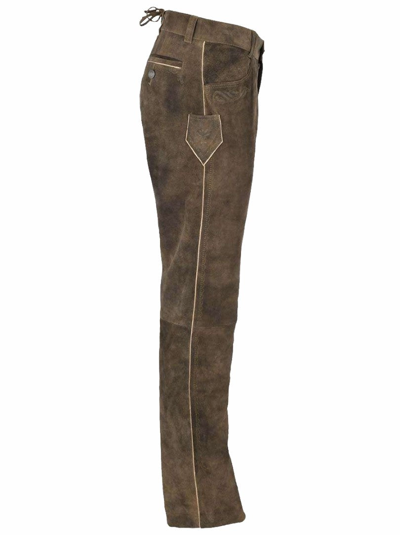 Bavarian suede lederhosen pants side profile leather detailing