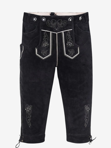 Black leather bundhosen featuring traditional white embroidery on the front panel and thighs, with decorative buttons at the waist.