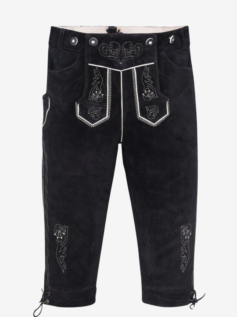 Black leather bundhosen featuring traditional white embroidery on the front panel and thighs, with decorative buttons at the waist.