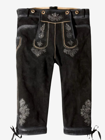 Black bundhosen shorts with decorative embroidery and front flap, displayed without model.