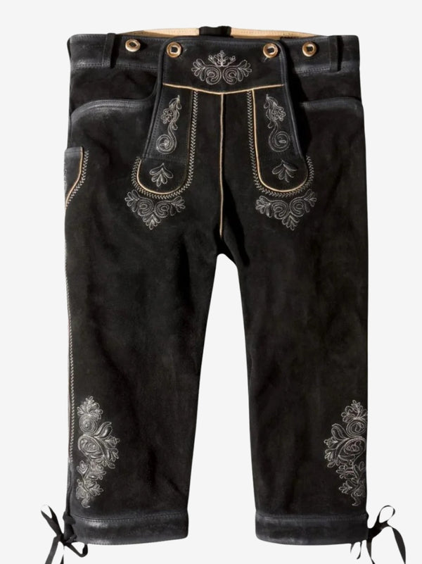 Black bundhosen shorts with decorative embroidery and front flap, displayed without model.