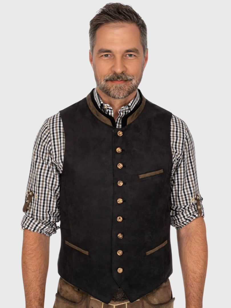 Black Suede German Trachten Vest with Brown