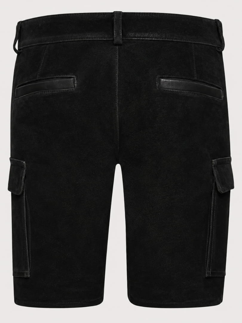 Men's Black Cargo Lederhosen Shorts crafted from premium black suede leather with side cargo utility pockets