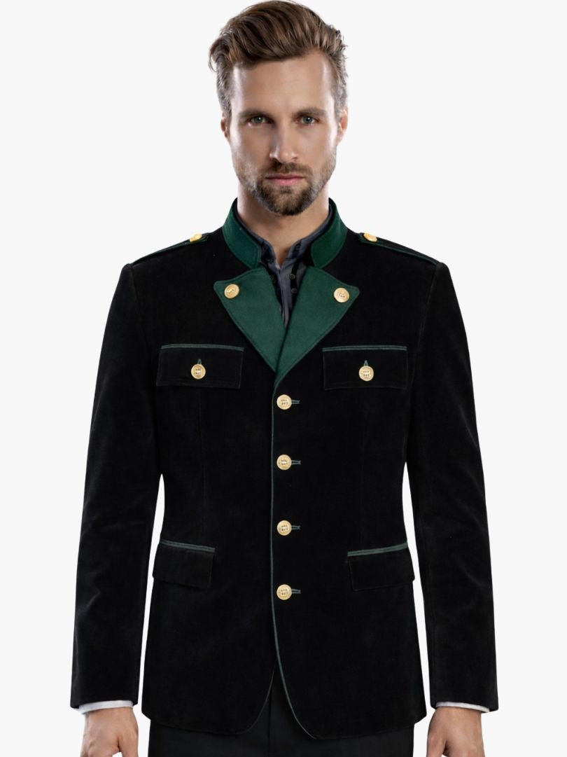 Man wearing black velvet Bavarian Trachten jacket with green collar and gold buttons