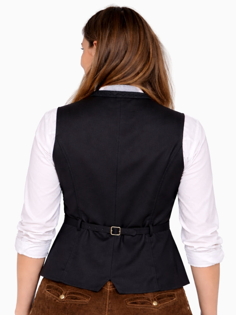 Back view of women's black Trachten vest with adjustable back belt, tailored waist fit, and traditional Bavarian style.