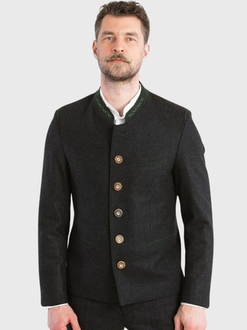 Black Wool Bavarian Jacket with Green Trim