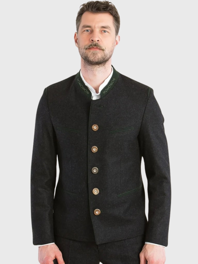 Black Wool Bavarian Jacket with Green Trim