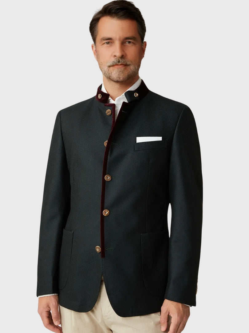 Black Wool Bavarian Jacket with Red Velvet Trim