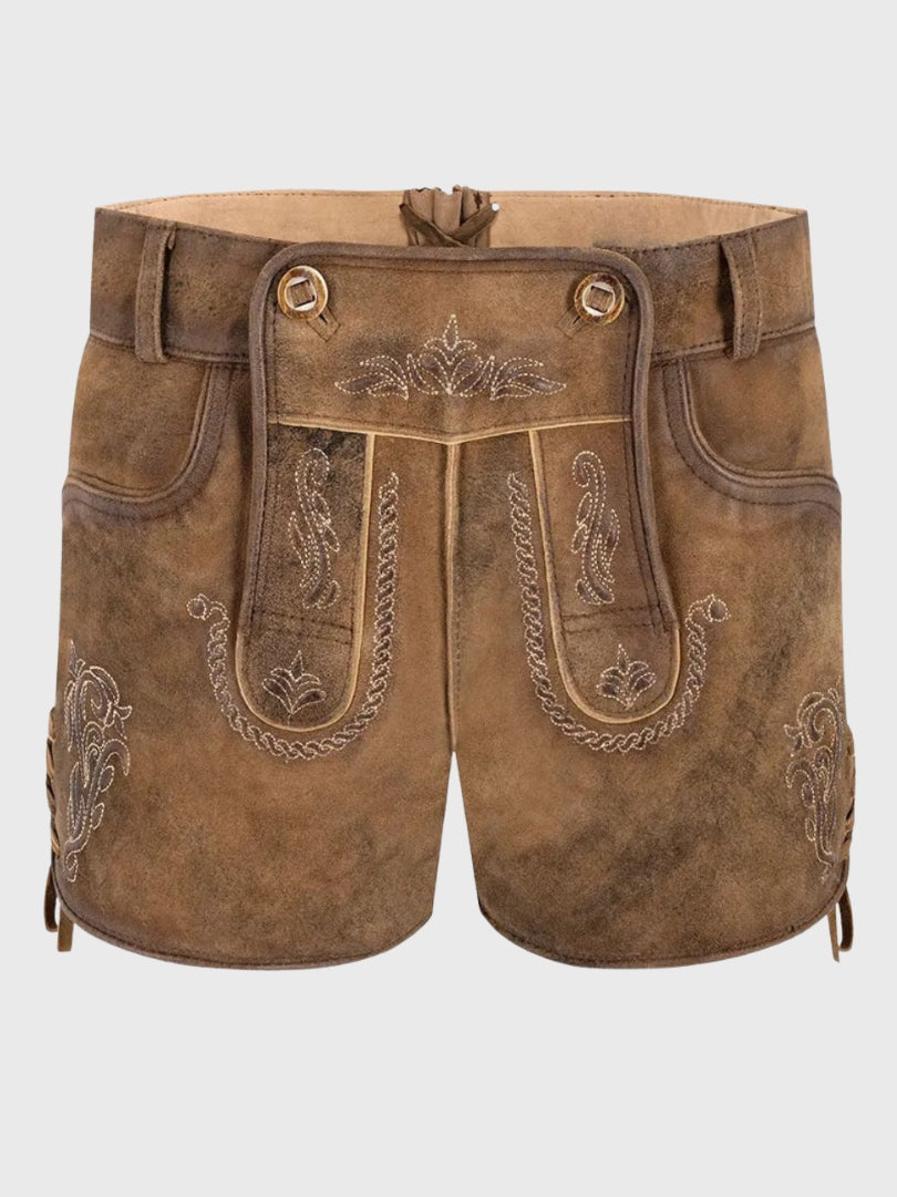 Brown Bavarian Lederhosen Shorts with White Embroidery