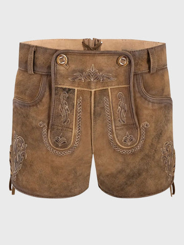 Brown Bavarian Lederhosen Shorts with White Embroidery