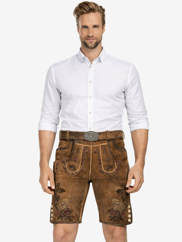 Man wearing brown suede lederhosen with multicolor floral embroidery, decorative front flap, and a traditional belt, paired with a white shirt.